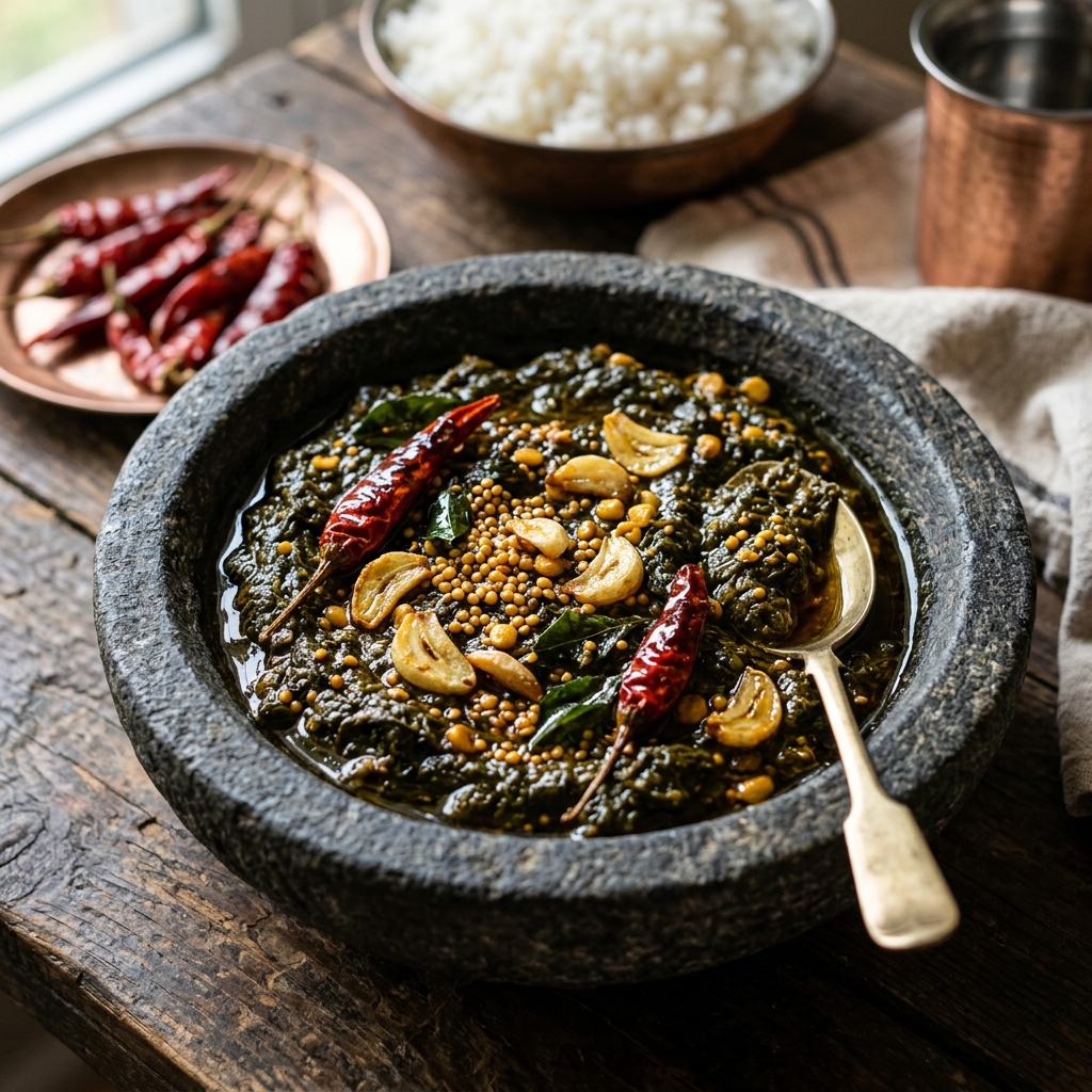 Traditional Gongura Pachadi in Stone Mortar